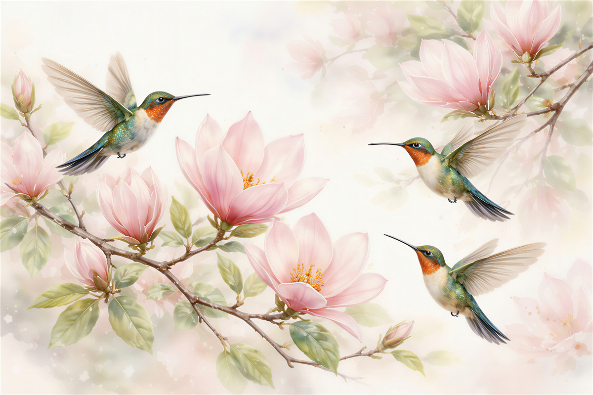 Papier peint colibris parmi des magnolias roses