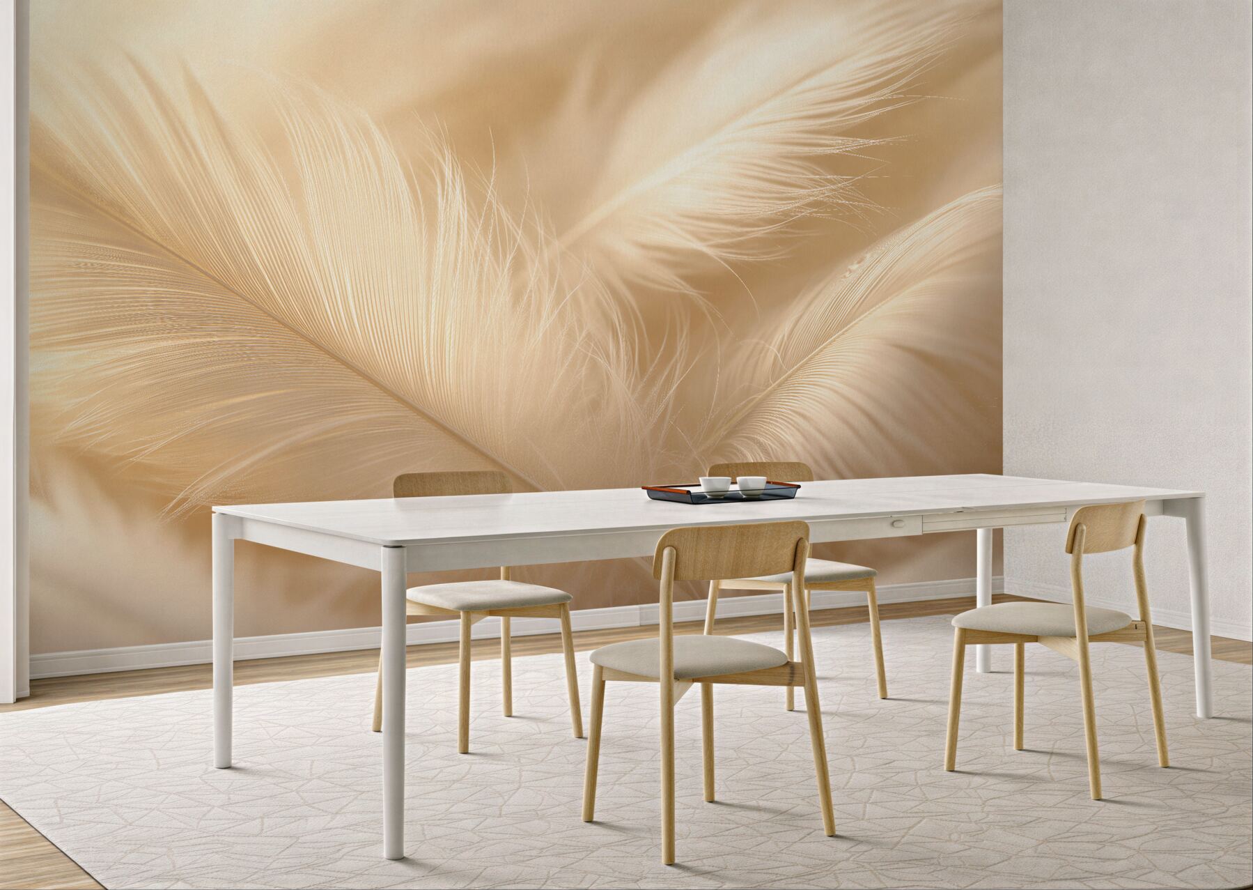 Papier peint plumes délicates dorées