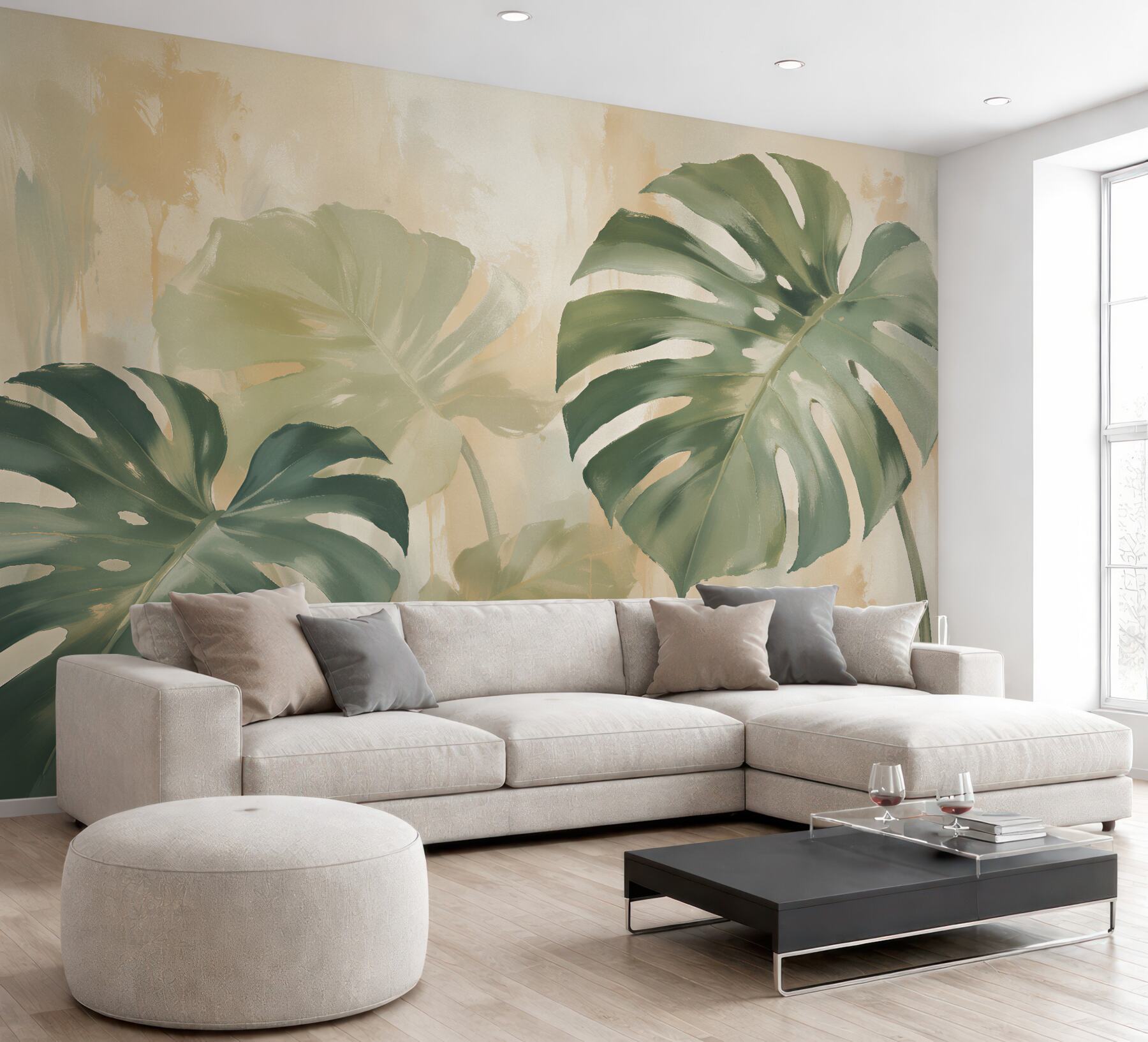 Papier peint feuilles pastel de monstera