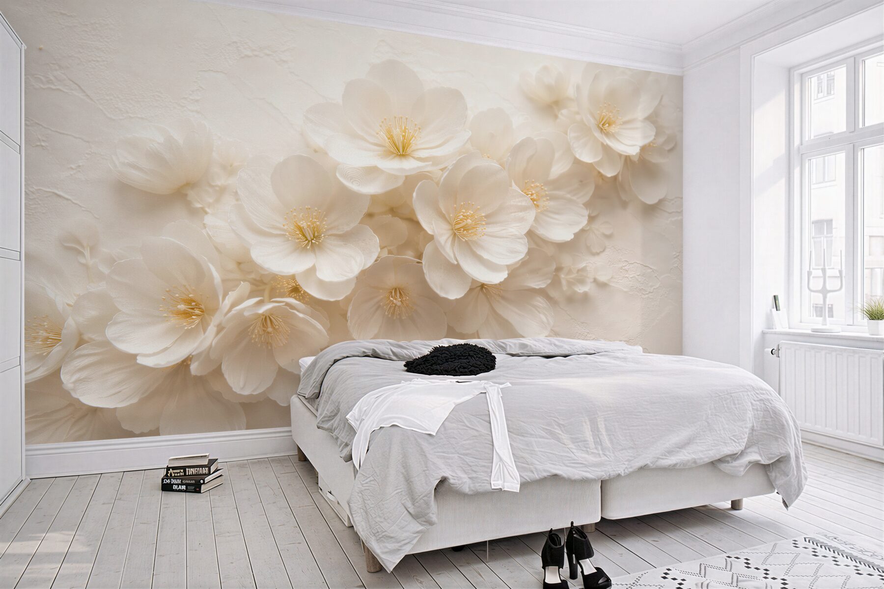Papier peint fleurs crème en relief élégant