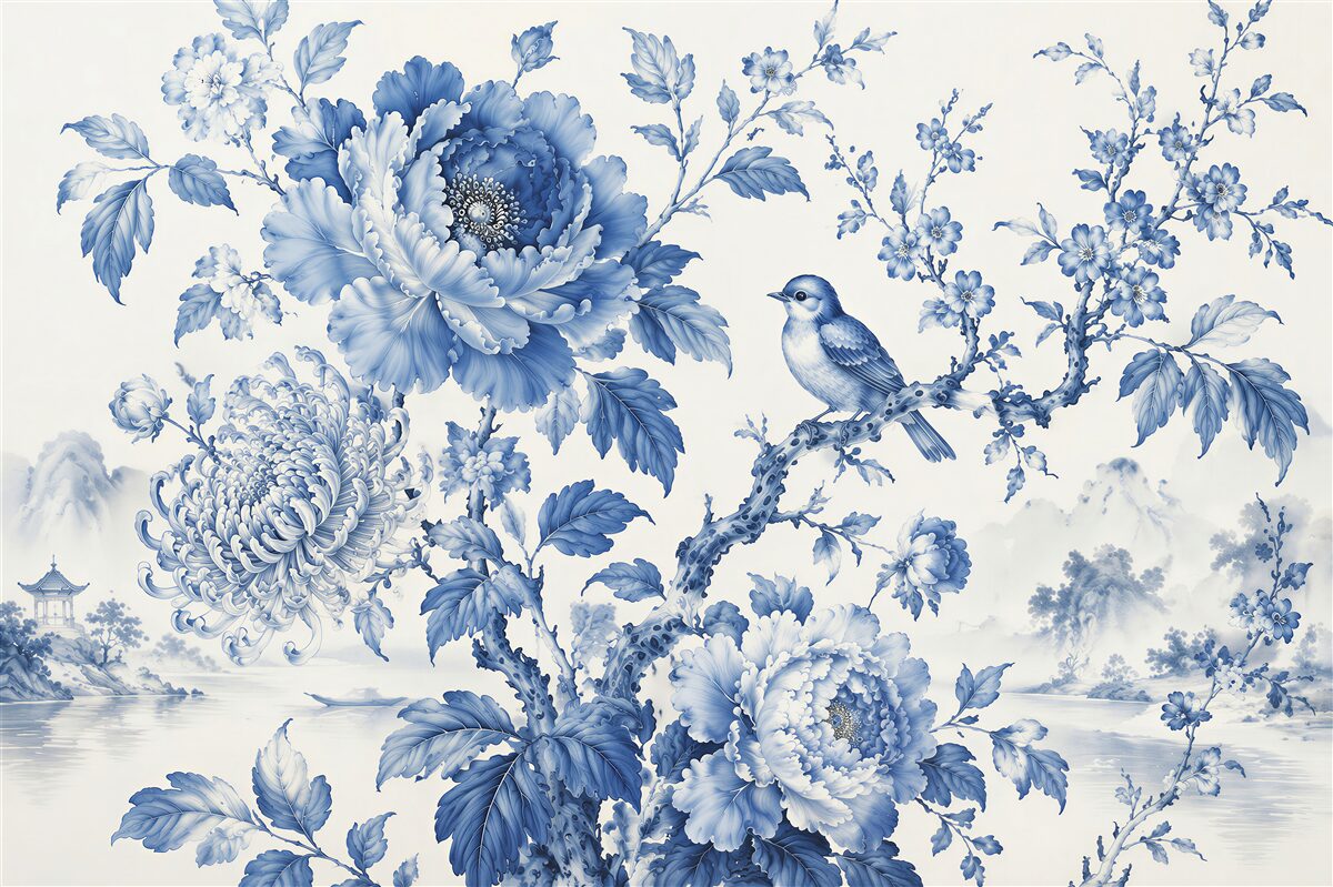 Papier peint fleurs bleues avec un oiseau