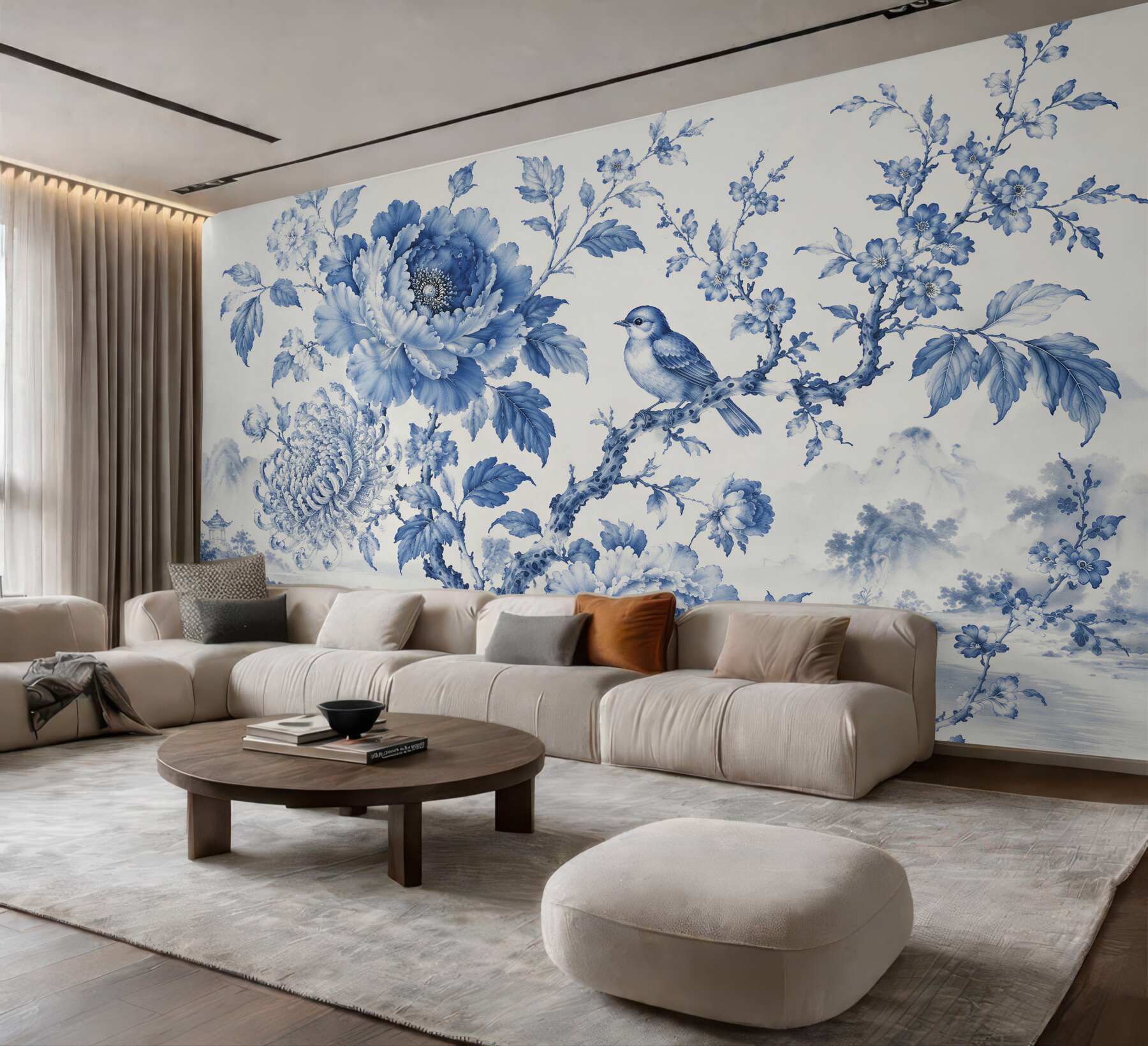 Papier peint fleurs bleues avec un oiseau