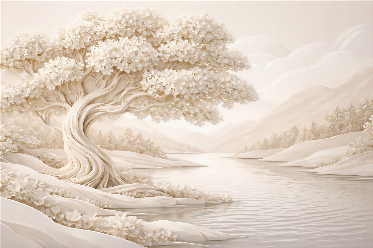 Papier peint arbre crème au bord de l'eau paisible