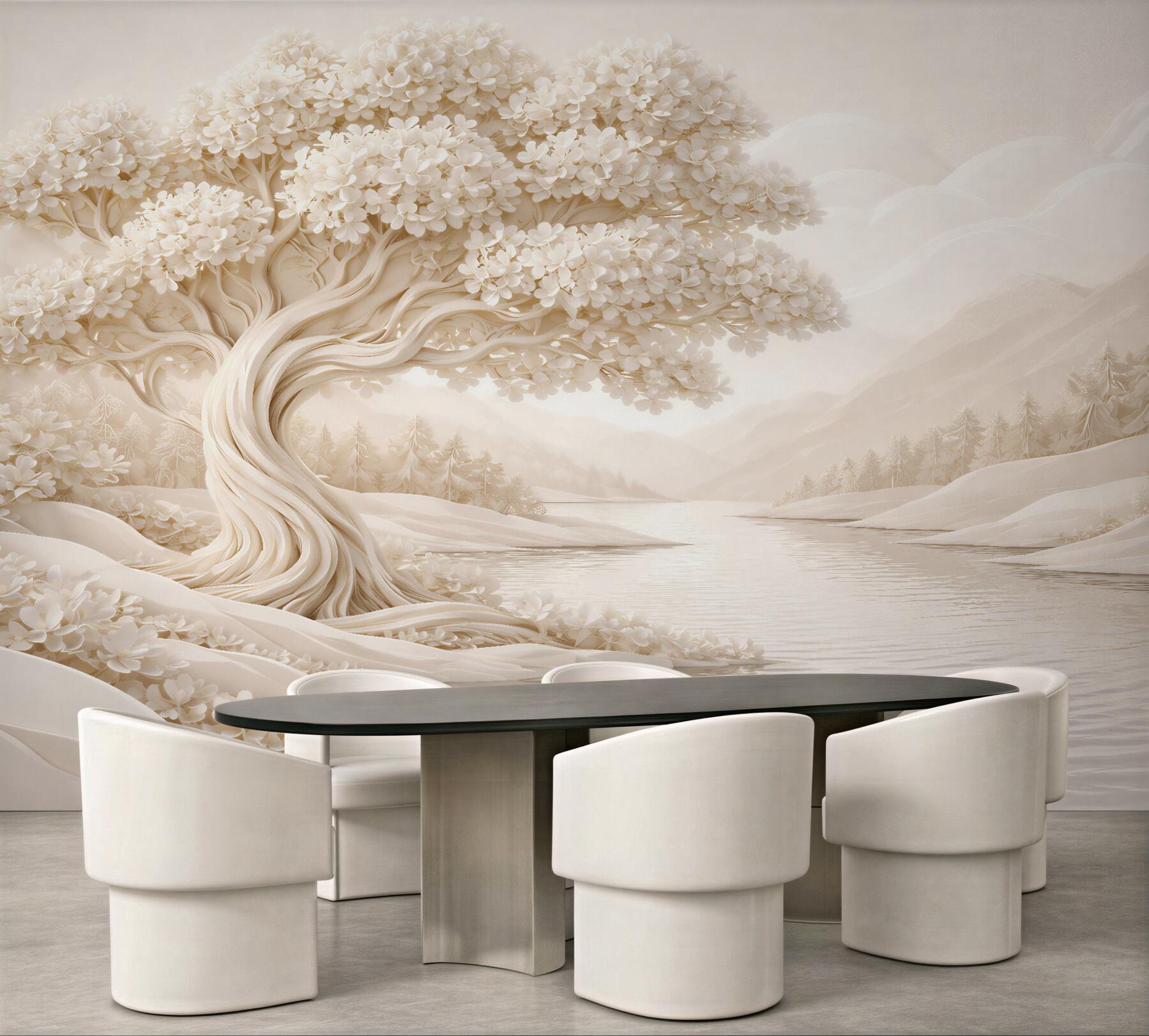 Papier peint arbre crème au bord de l'eau paisible