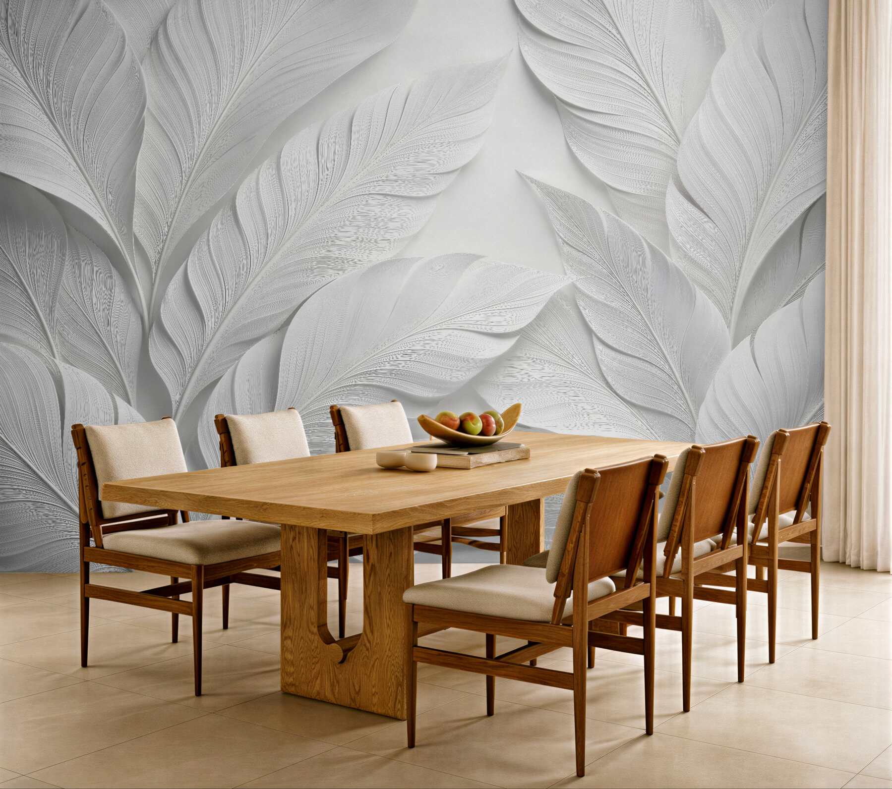 Papier peint feuilles blanches en relief élégant