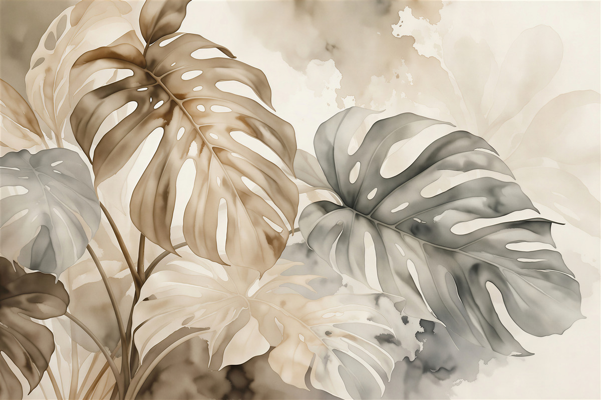 Papier peint feuilles beiges de monstera aquarelle