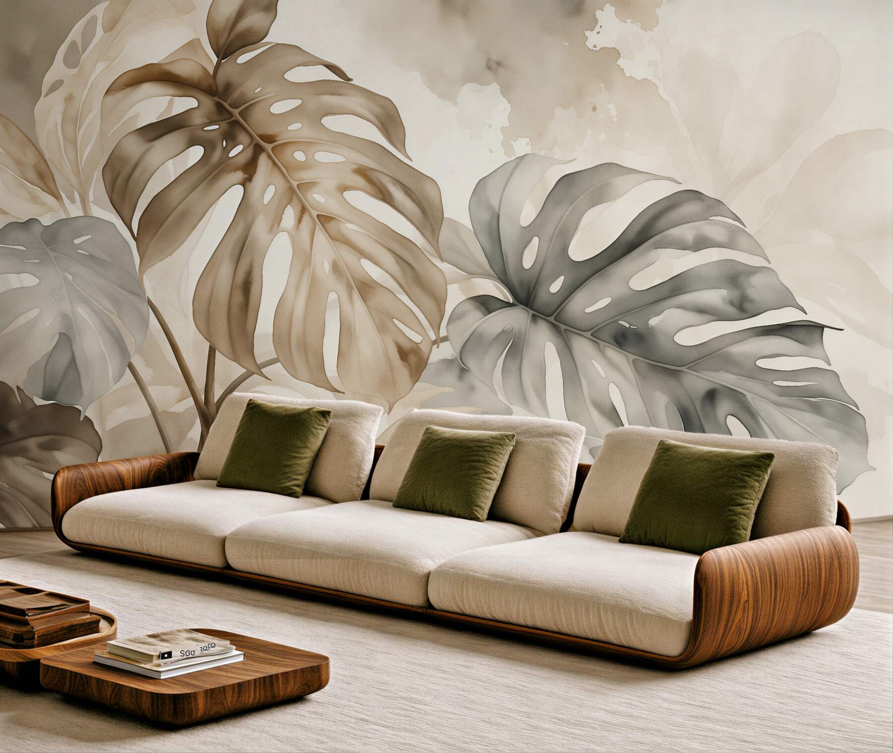 Papier peint feuilles beiges de monstera aquarelle