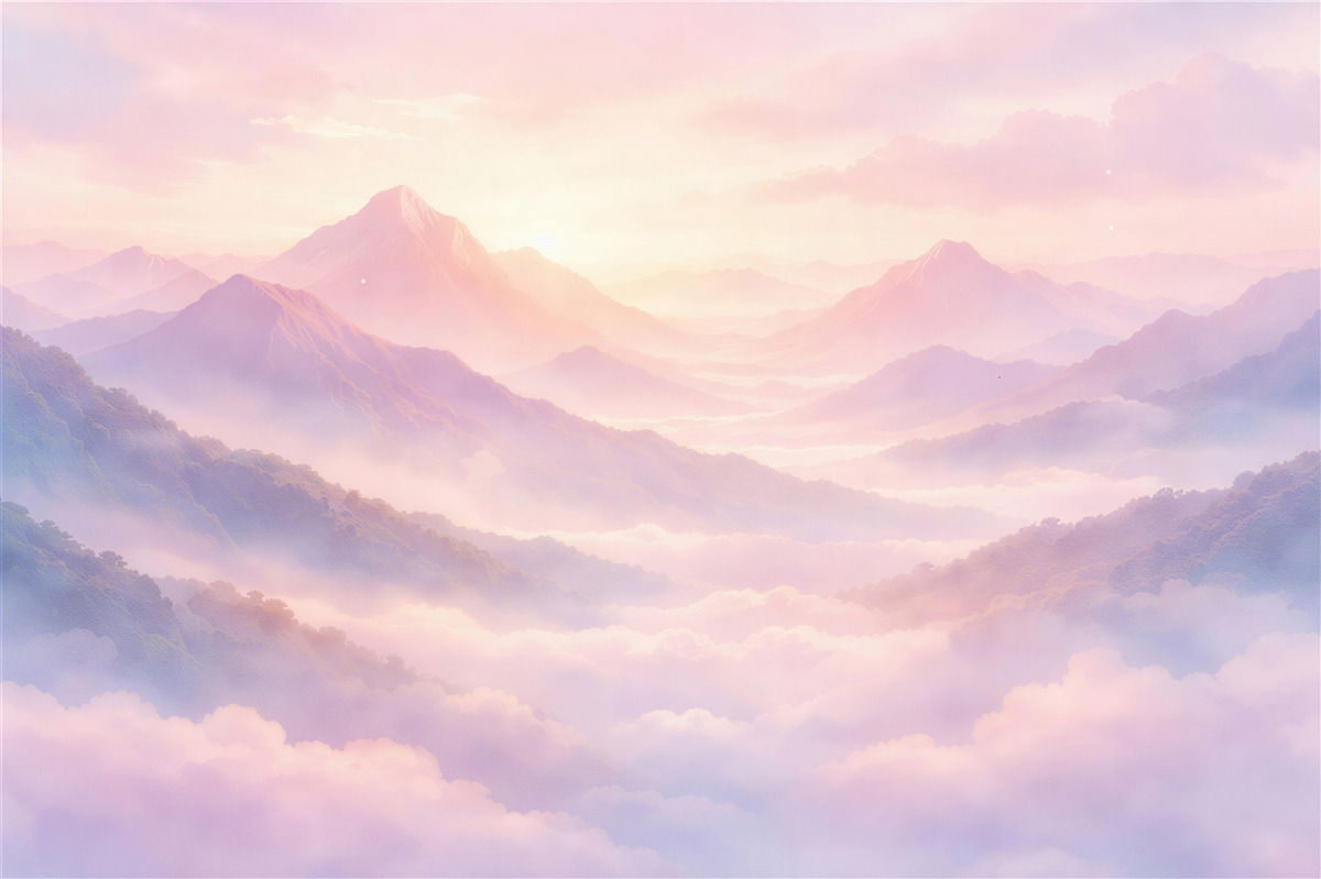 Papier peint montagnes féeriques dans la brume rose
