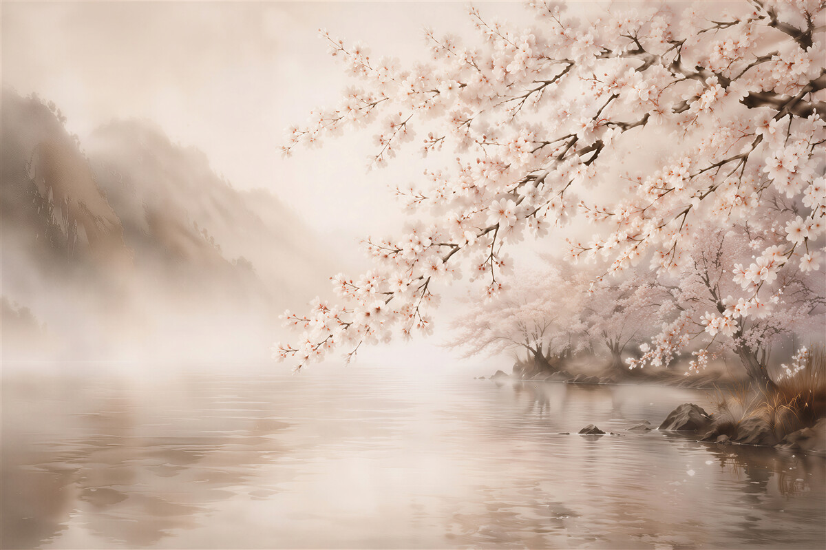 Papier peint branche en fleurs au-dessus d'un lac paisible