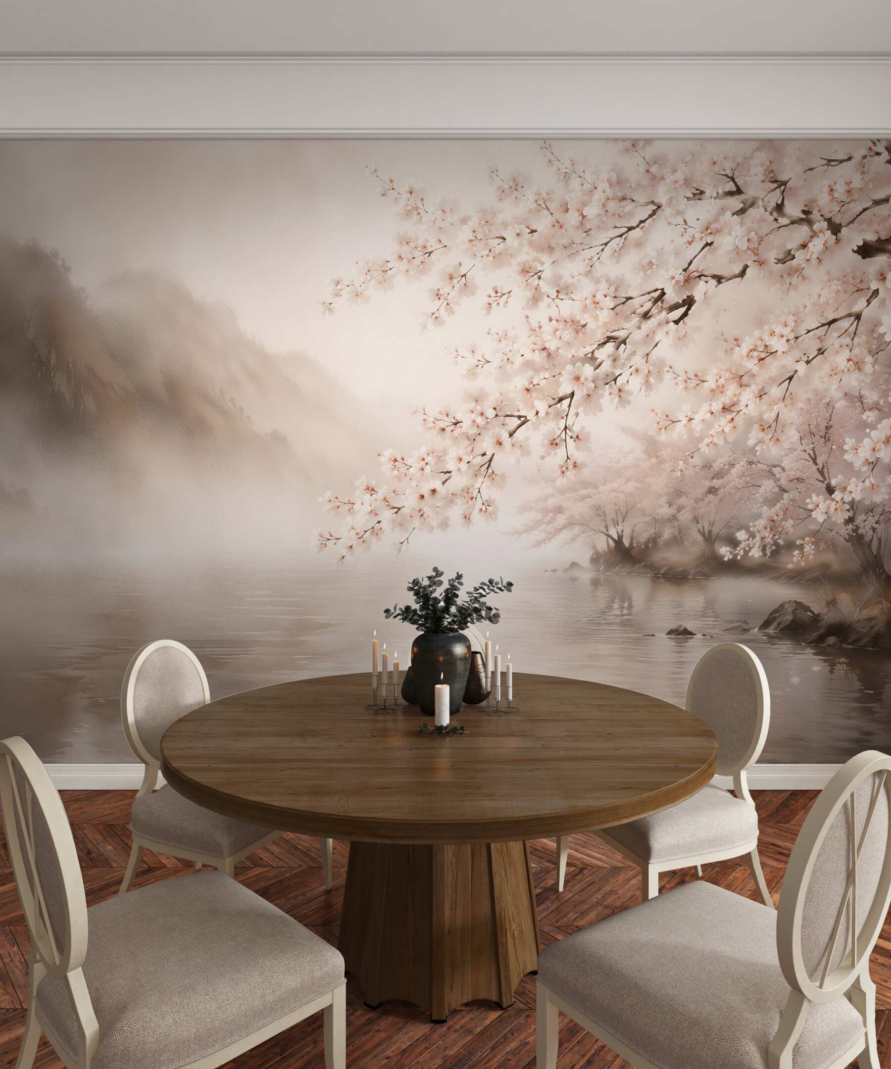 Papier peint branche en fleurs au-dessus d'un lac paisible