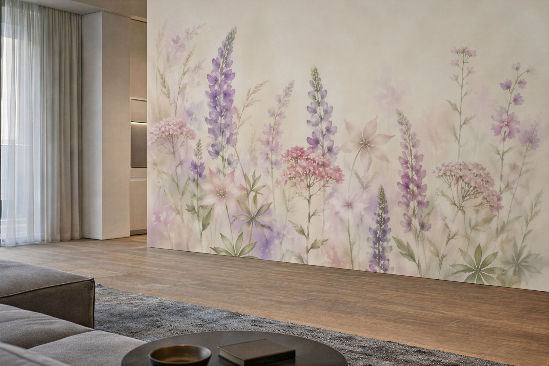 Papier peint prairie pastel de fleurs