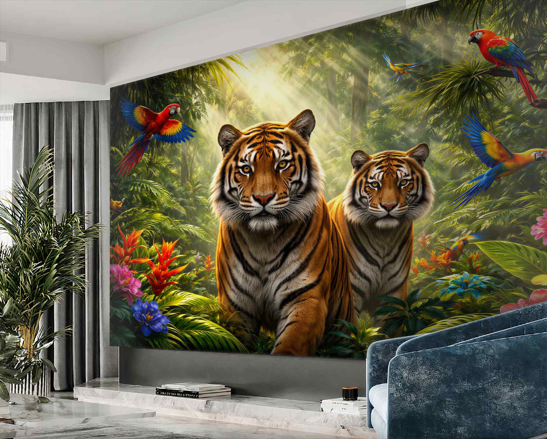 Papier peint tigres dans la jungle tropicale