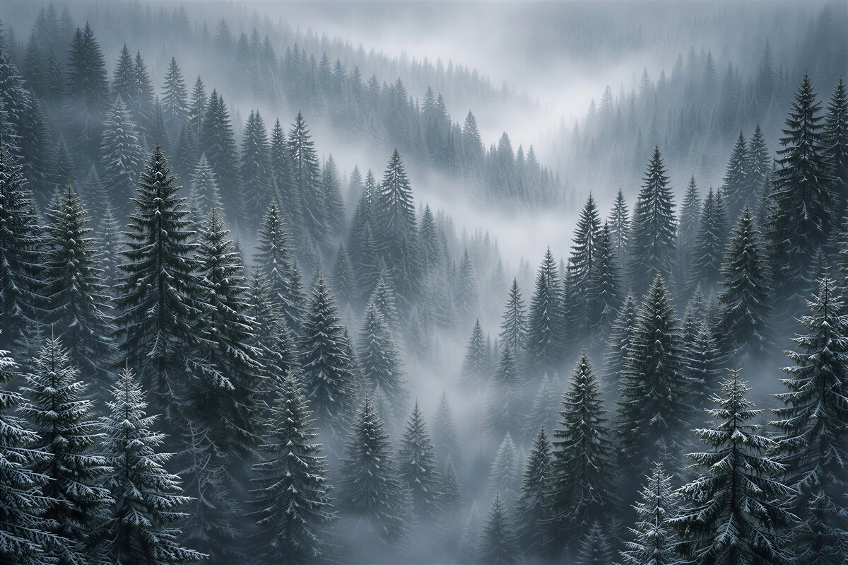 Papier peint forêt d'hiver dans le brouillard