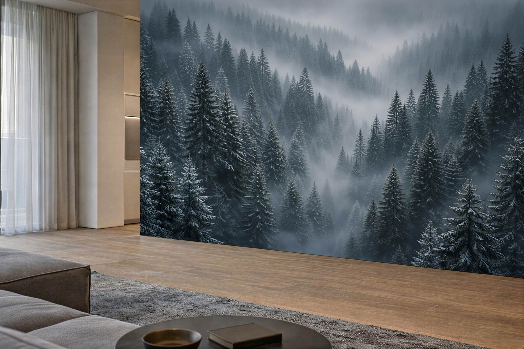 Papier peint forêt d'hiver dans le brouillard