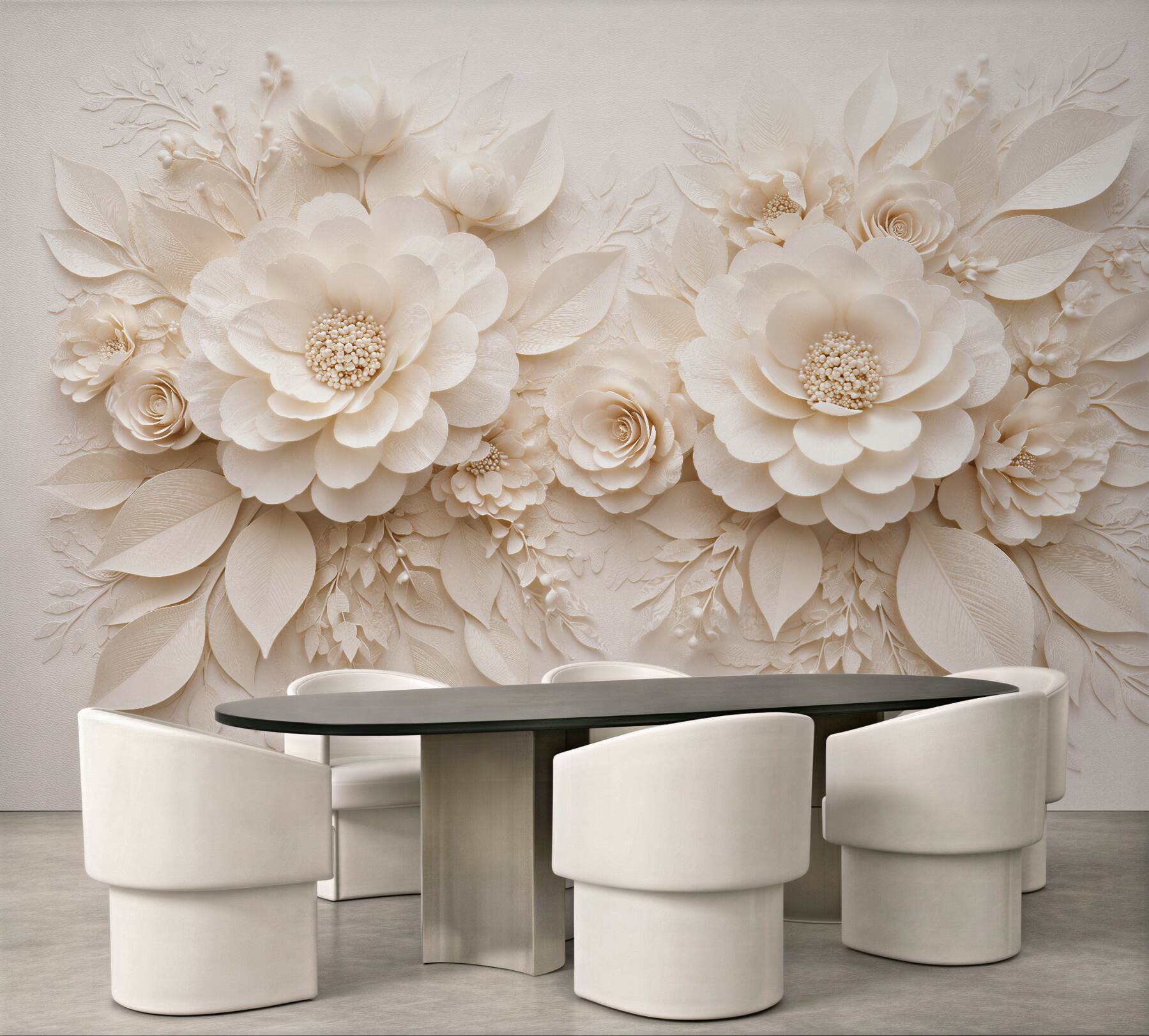 Papier peint fleurs crème dans un relief élégant