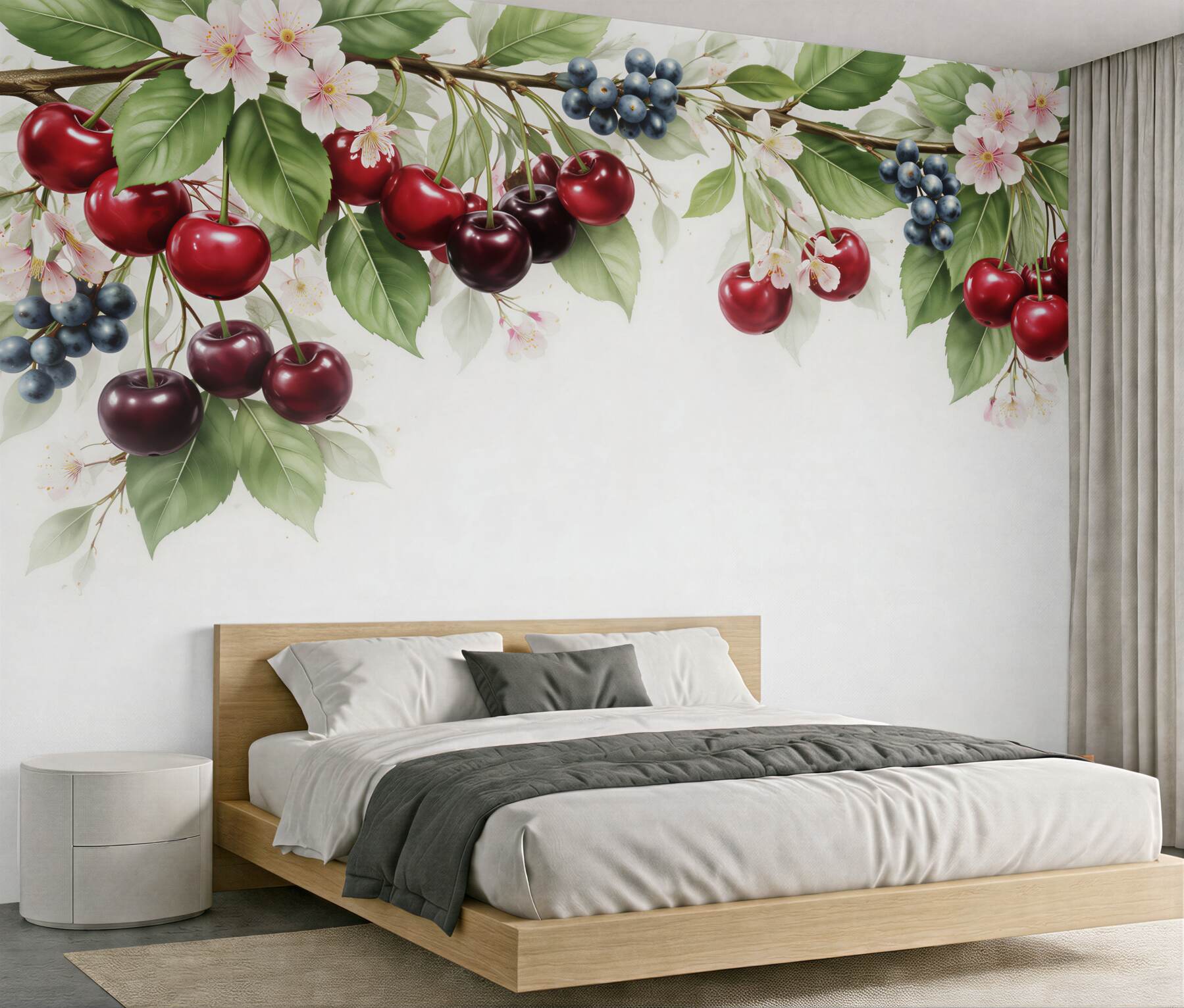 Papier peint cerises et baies dans les fleurs