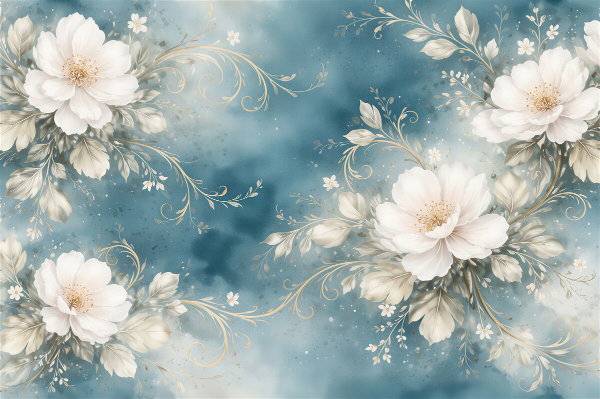 Papier peint fleurs blanches sur fond bleu