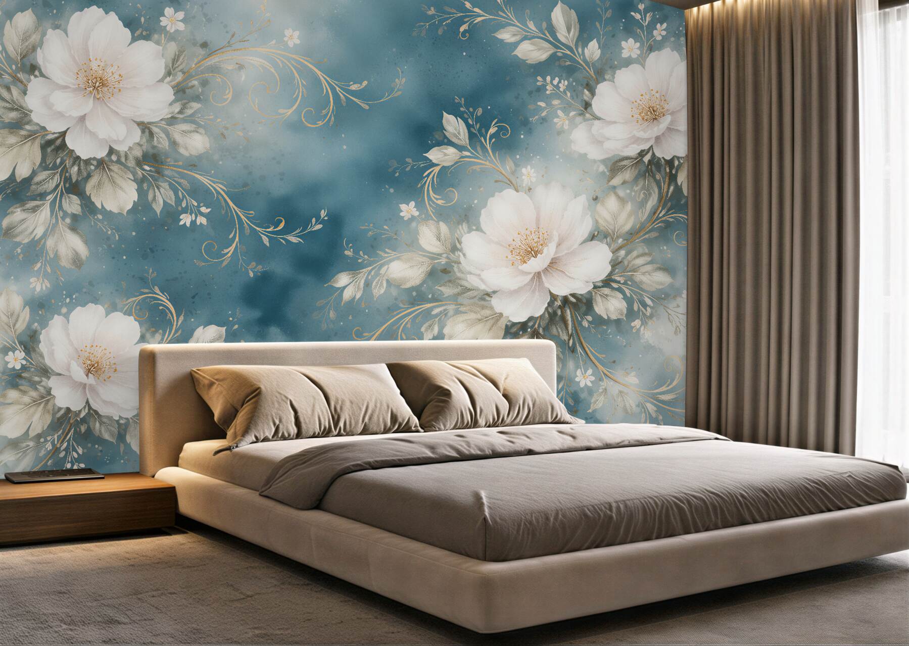 Papier peint fleurs blanches sur fond bleu