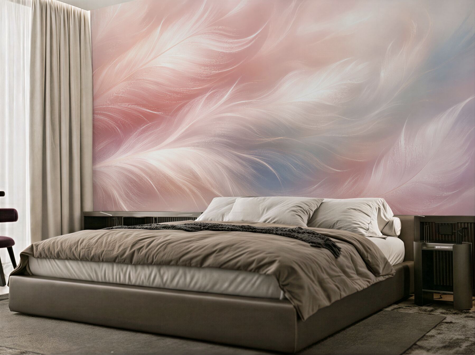 Papier peint plumes poudrées dans une brume pastel