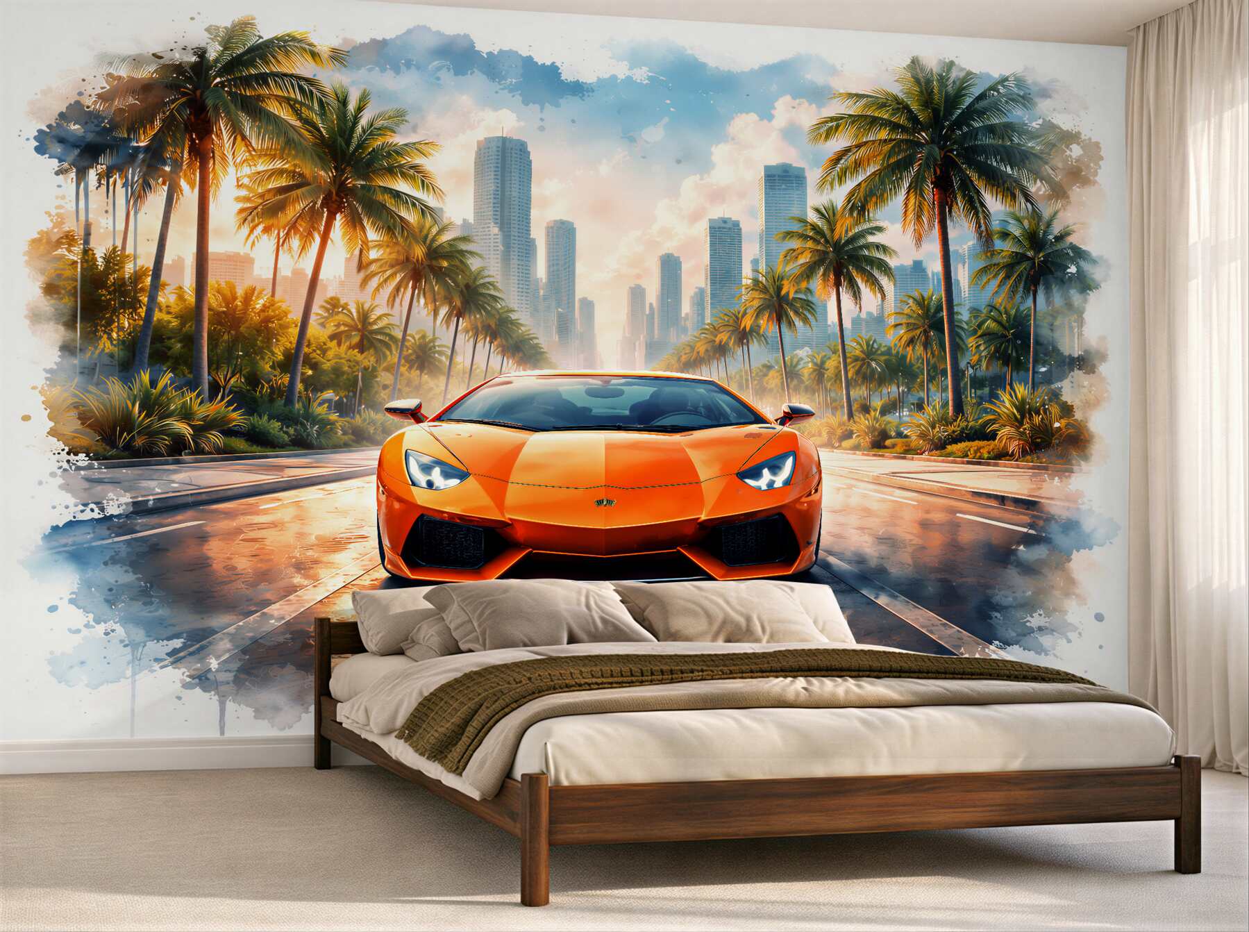 Papier peint voiture de luxe dans une ville tropicale
