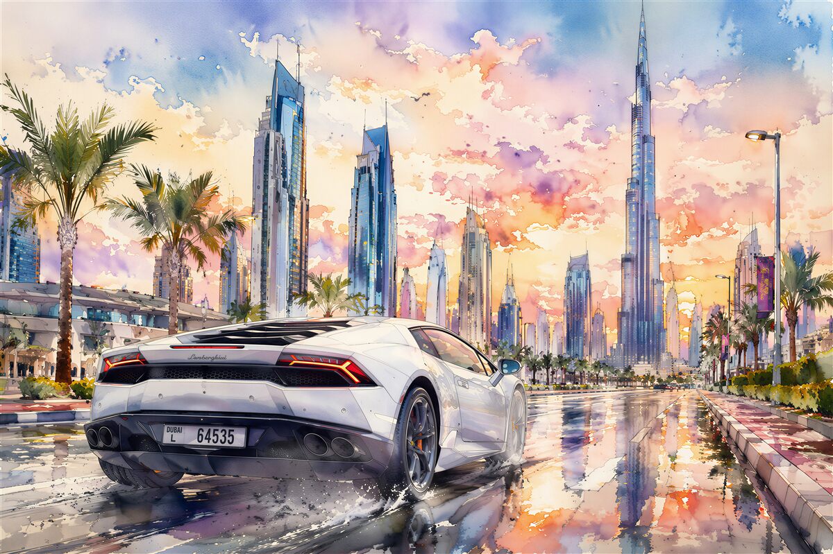 Papier peint voiture de sport sous le ciel de Dubaï