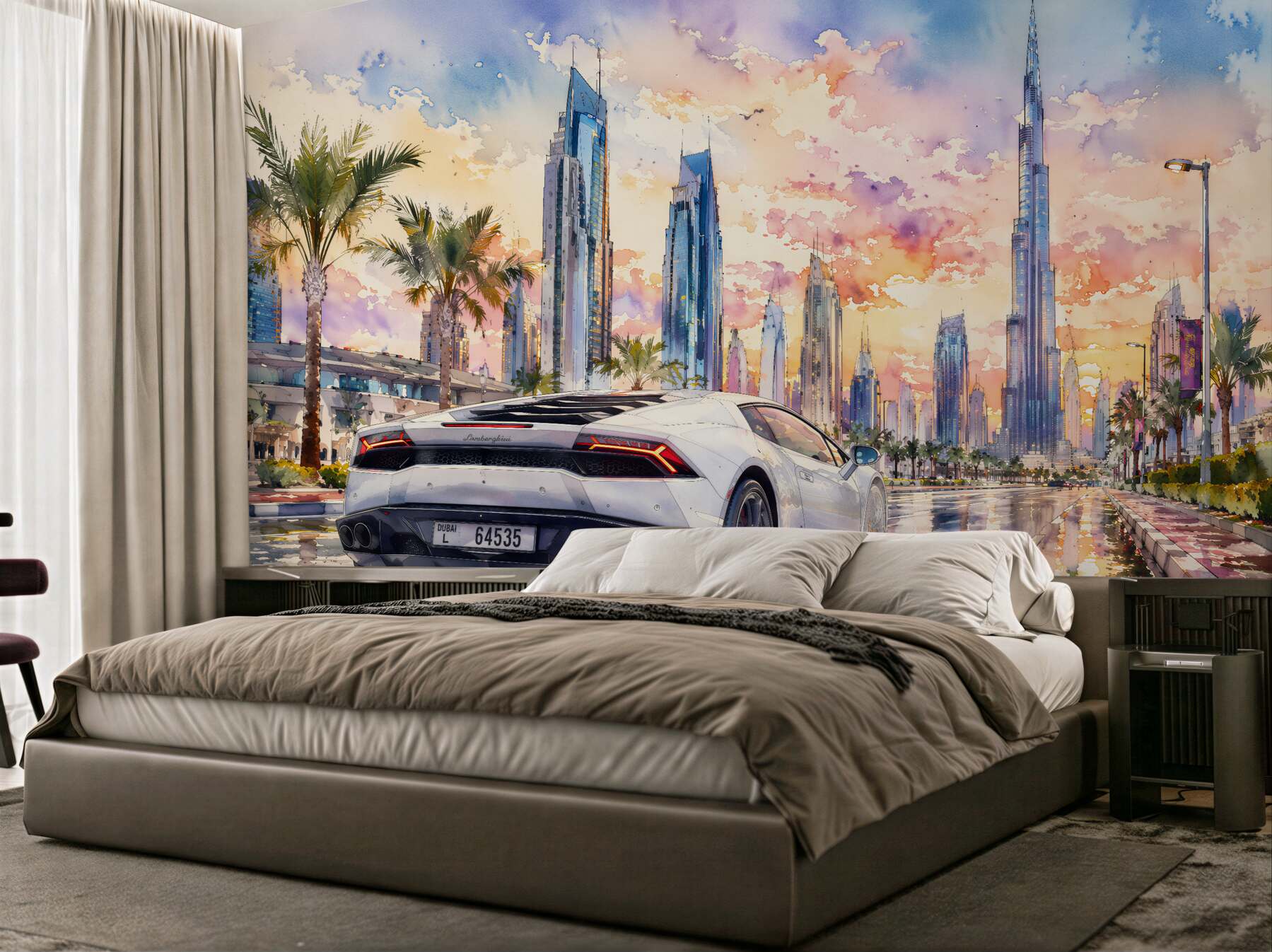 Papier peint voiture de sport sous le ciel de Dubaï