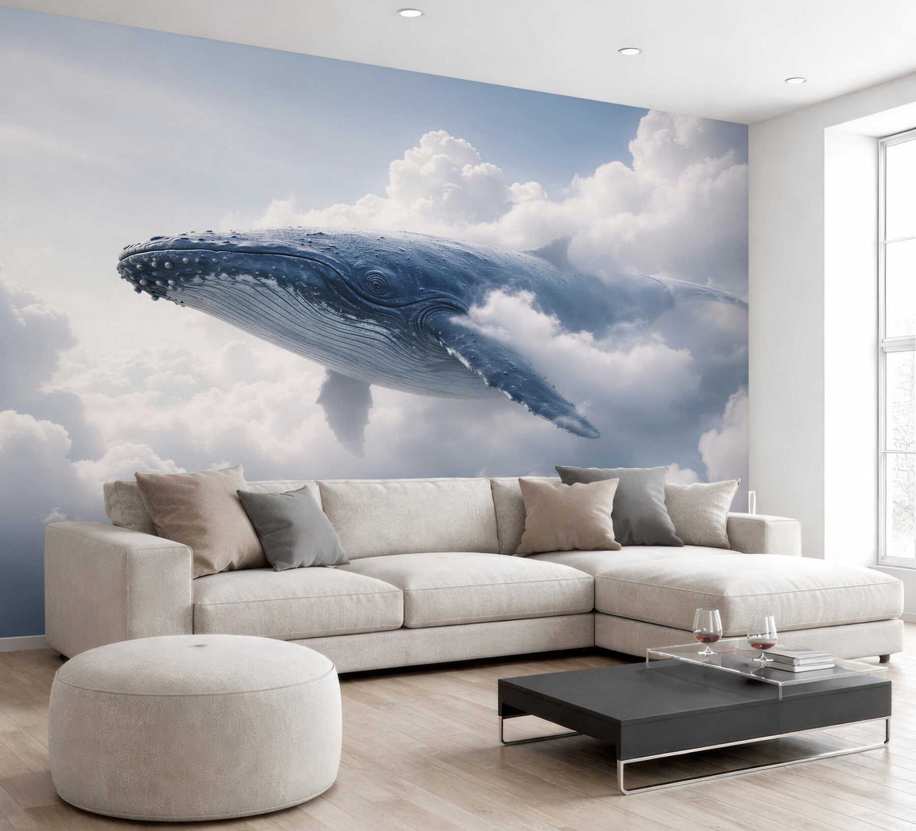 Papier peint baleine parmi des nuages doux
