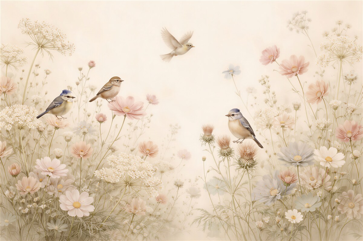 Papier peint oiseaux pastel dans une prairie fleurie