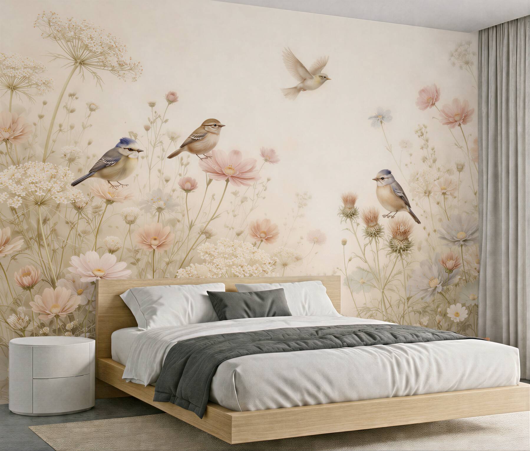 Papier peint oiseaux pastel dans une prairie fleurie
