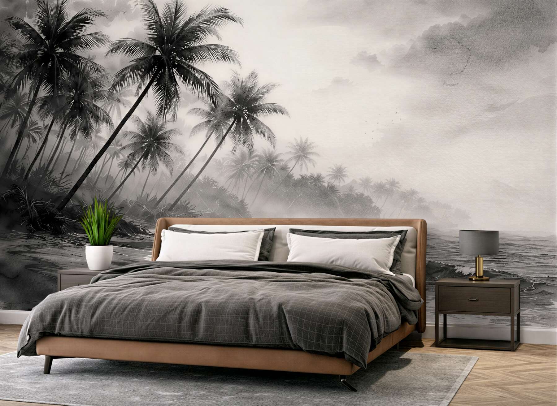 Papier peint plage tropicale en noir et blanc dans la brume