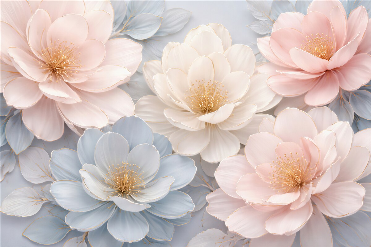 Papier peint fleurs pastel avec éclat doré