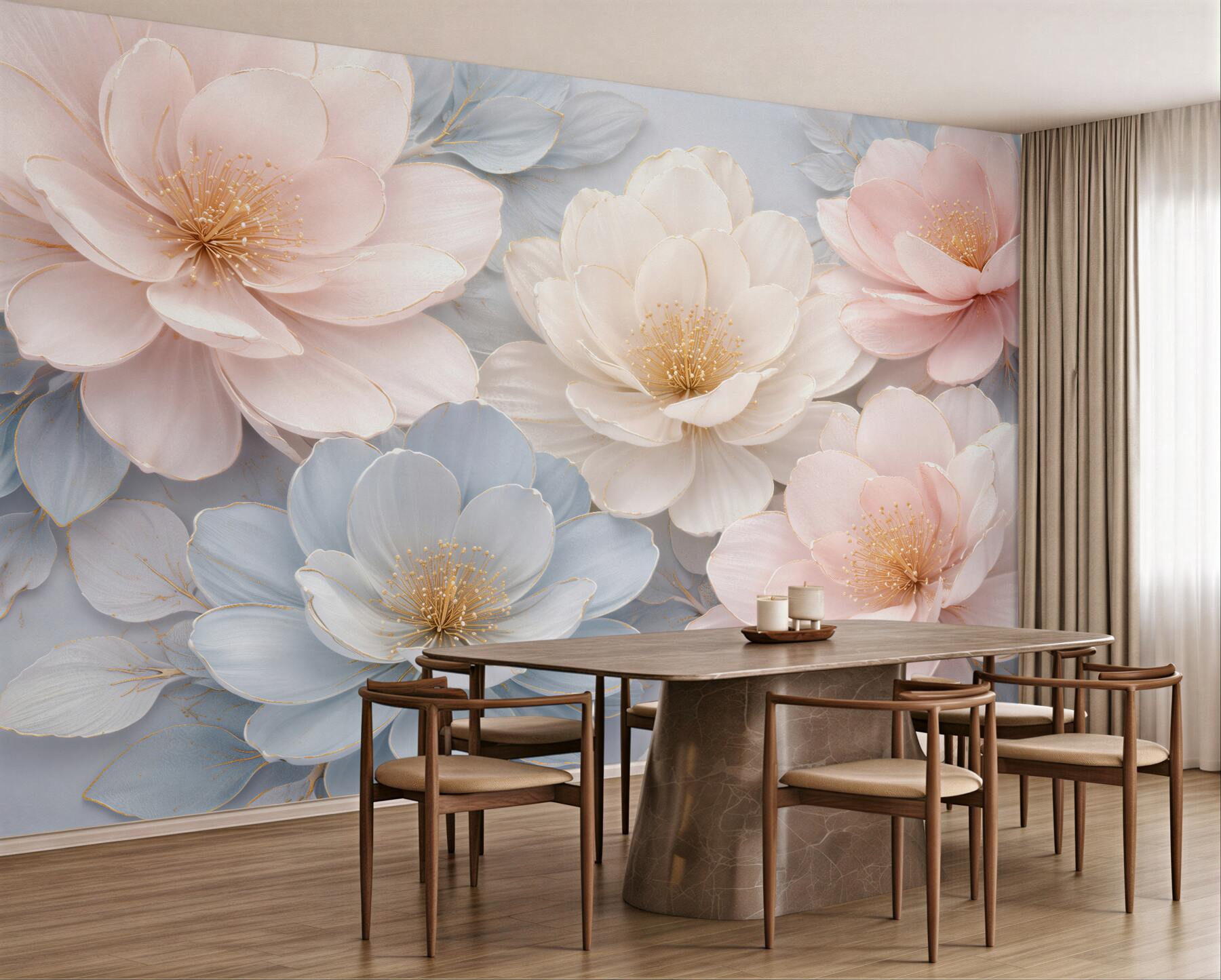 Papier peint fleurs pastel avec éclat doré