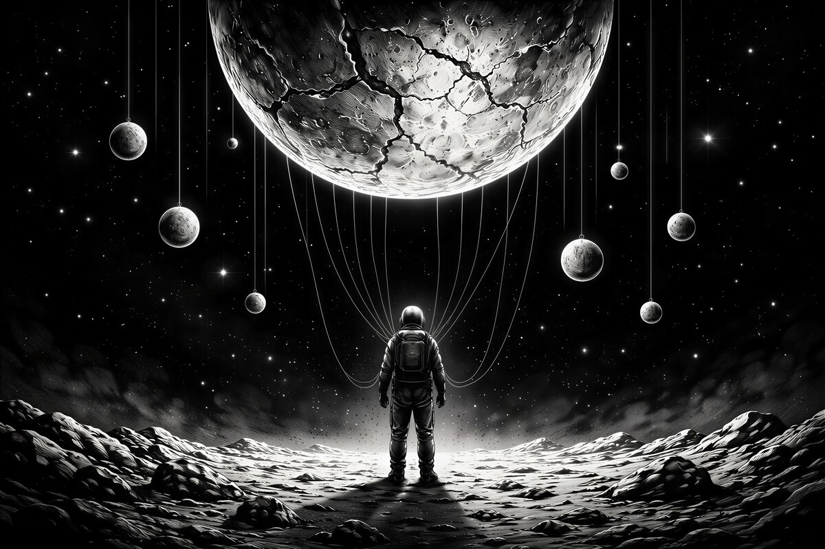 Papier peint voyageur spatial sous les planètes