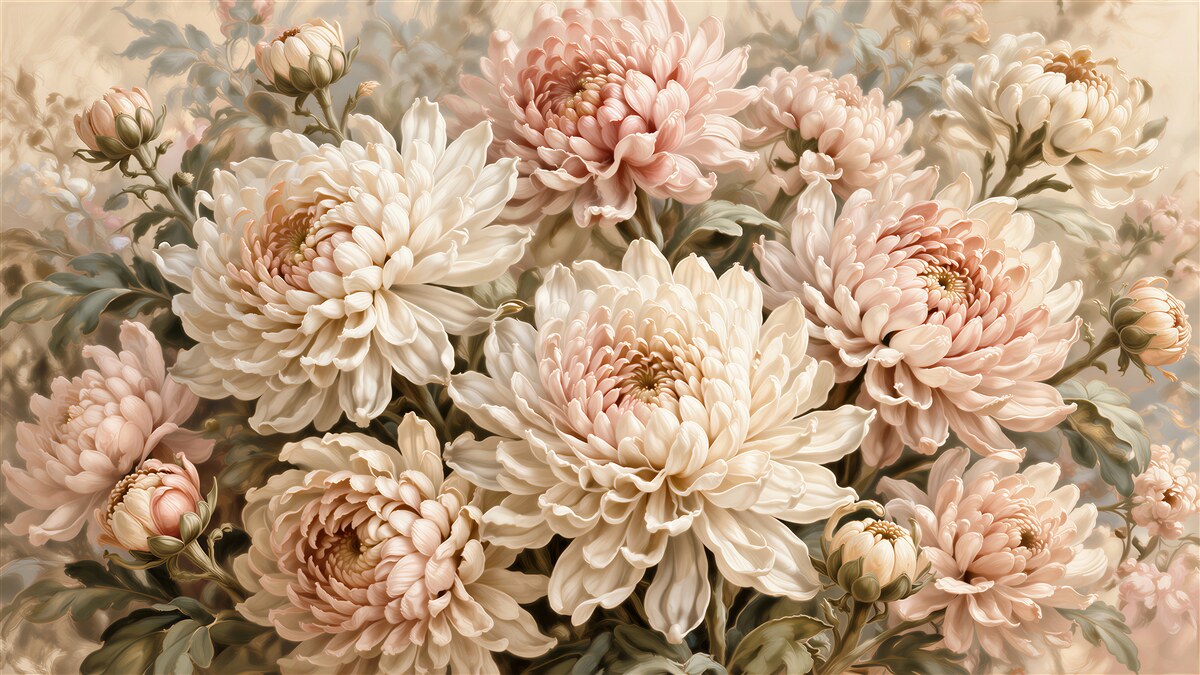Papier peint chrysanthèmes poudrés dans l'éclat