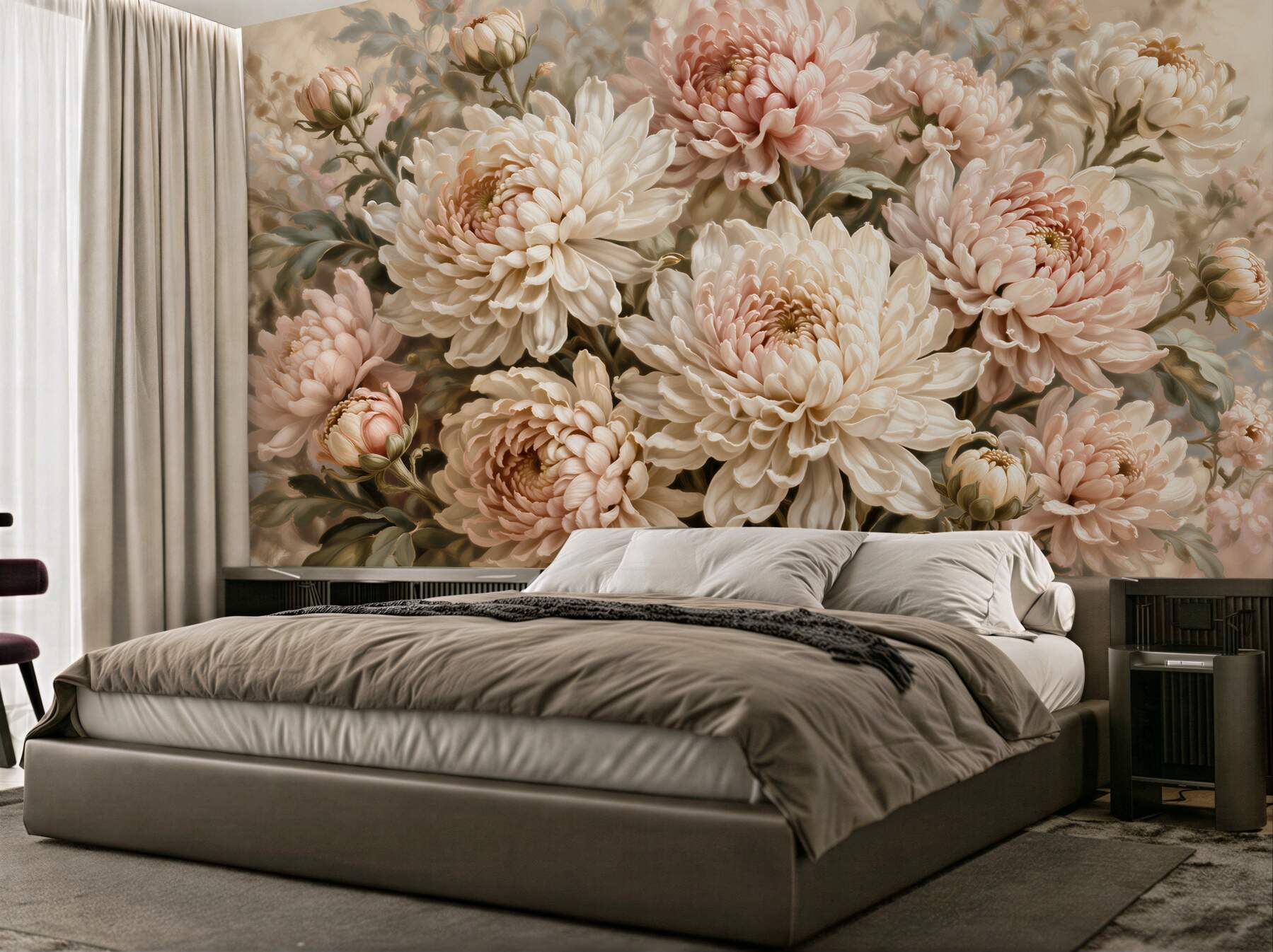Papier peint chrysanthèmes poudrés dans l'éclat