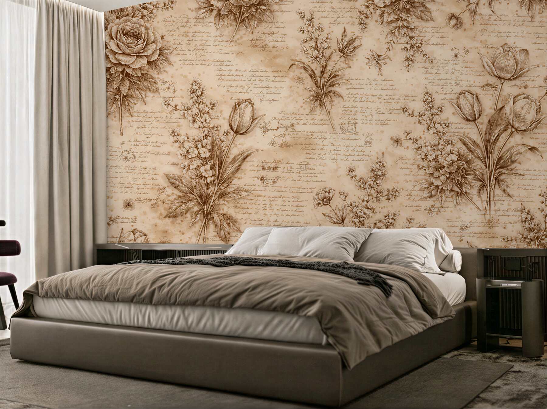 Papier peint fleurs sépia dans un style rétro