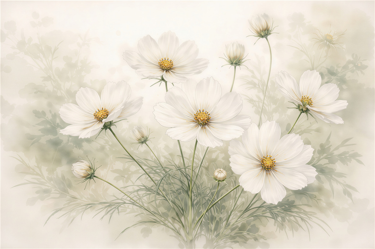 Papier peint cosmos crème dans une brume subtile