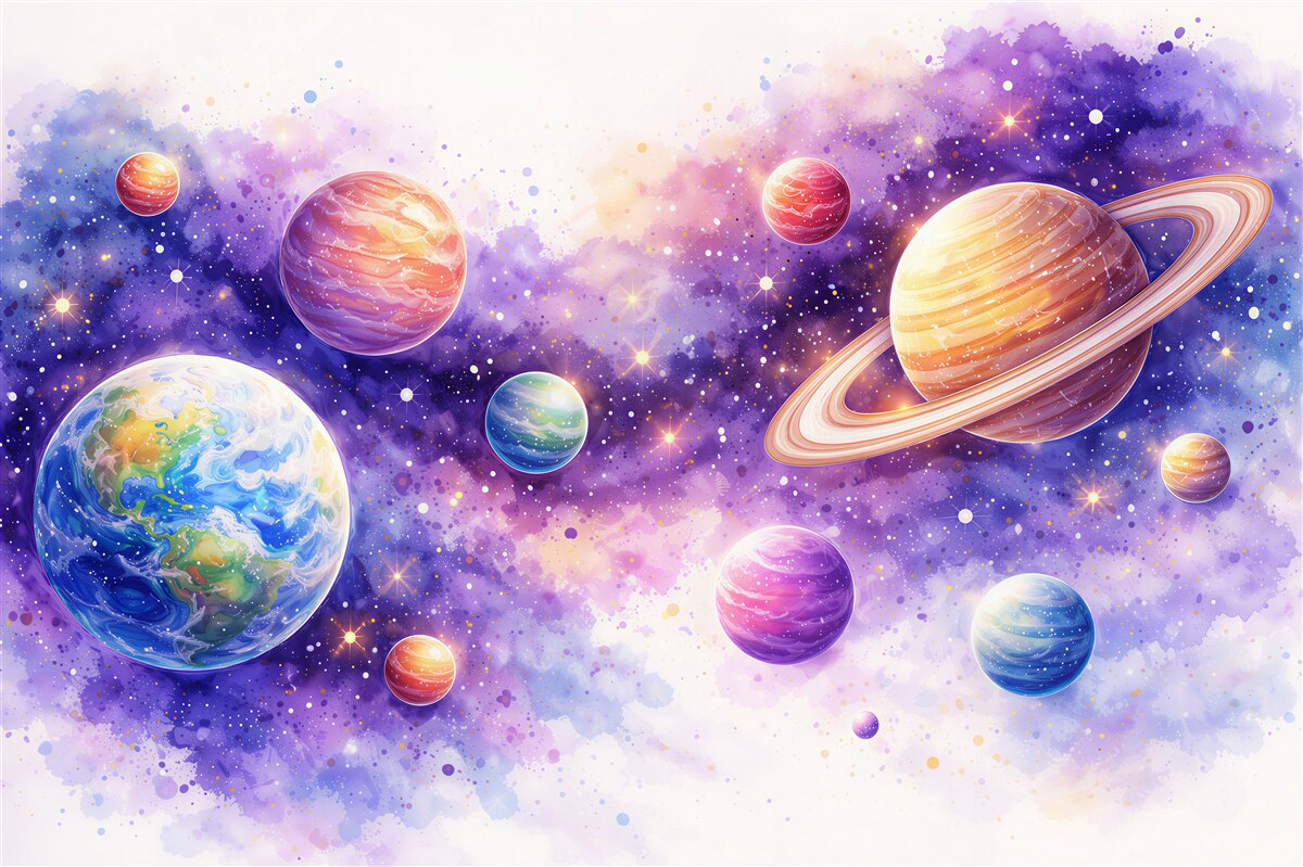 Papier peint planètes aquarelle dans un cosmos violet