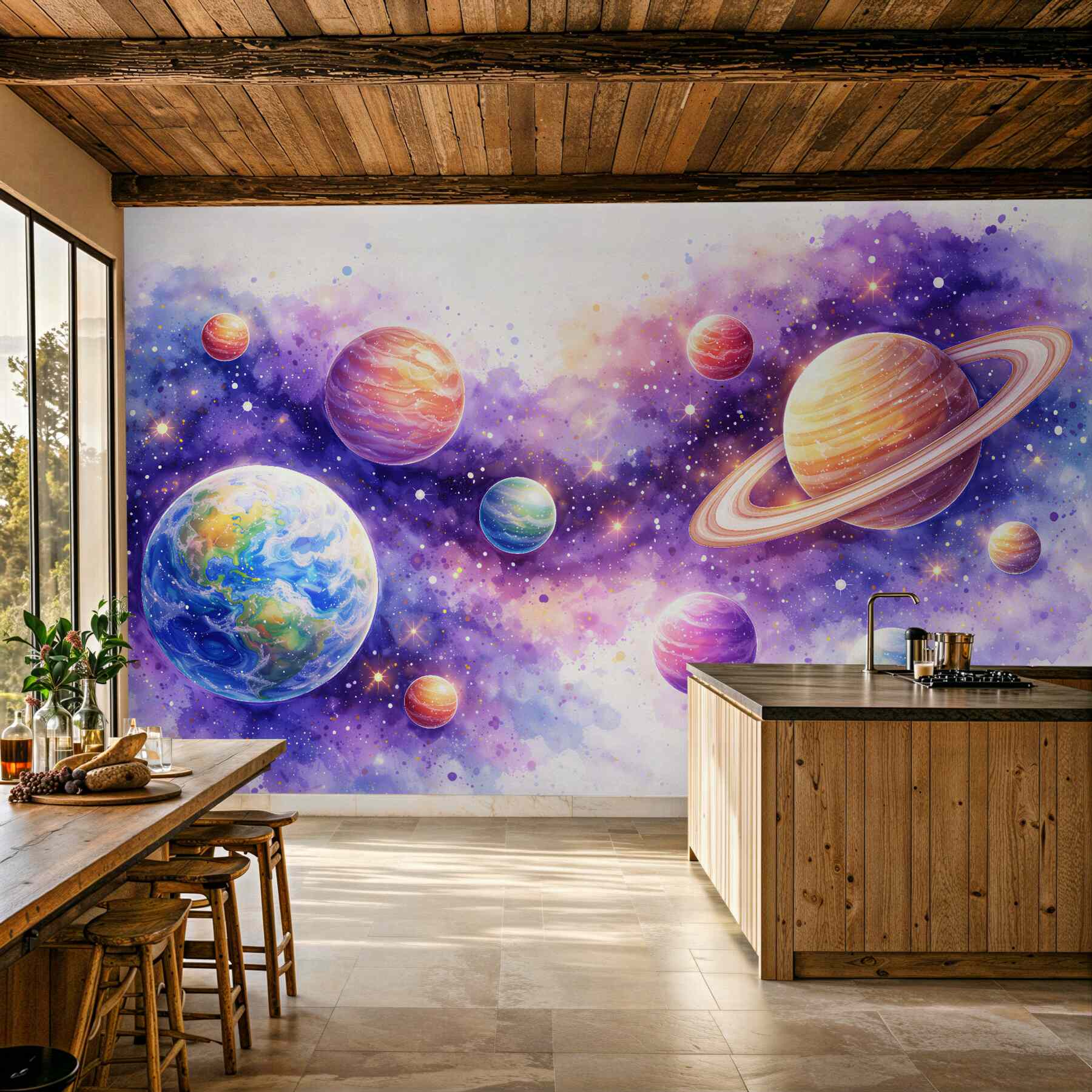 Papier peint planètes aquarelle dans un cosmos violet