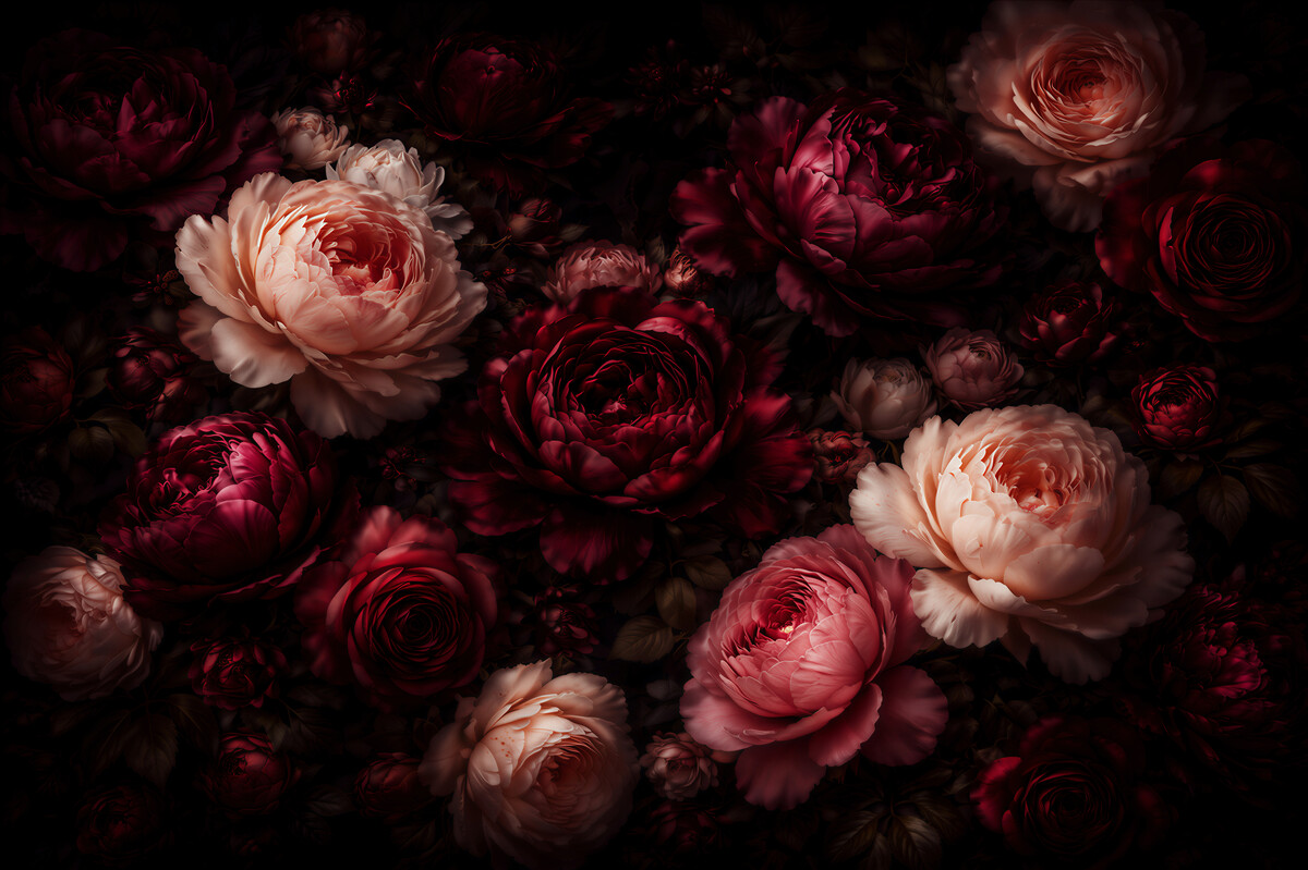 Papier peint pivoines sombres dans l'éclat