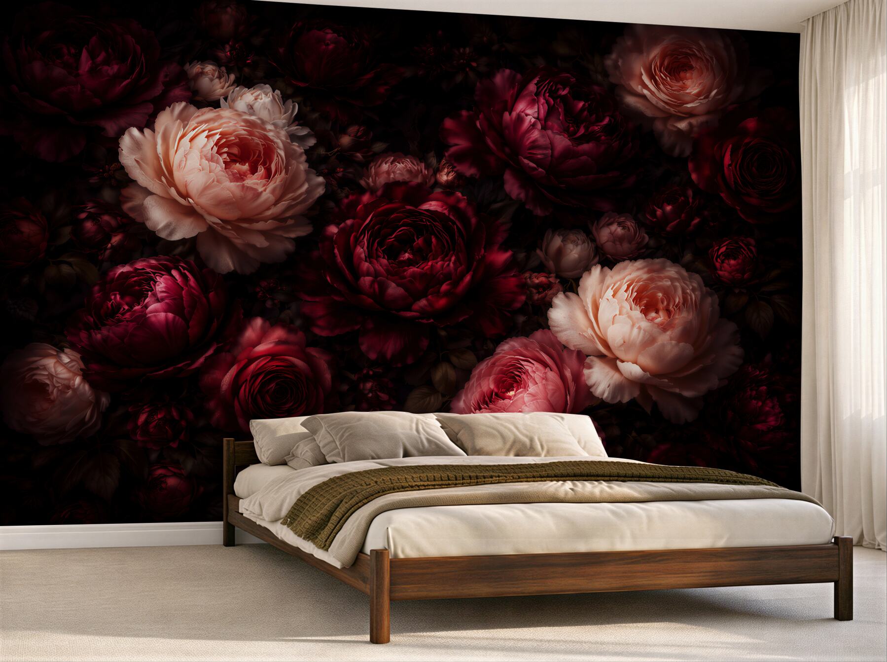 Papier peint pivoines sombres dans l'éclat