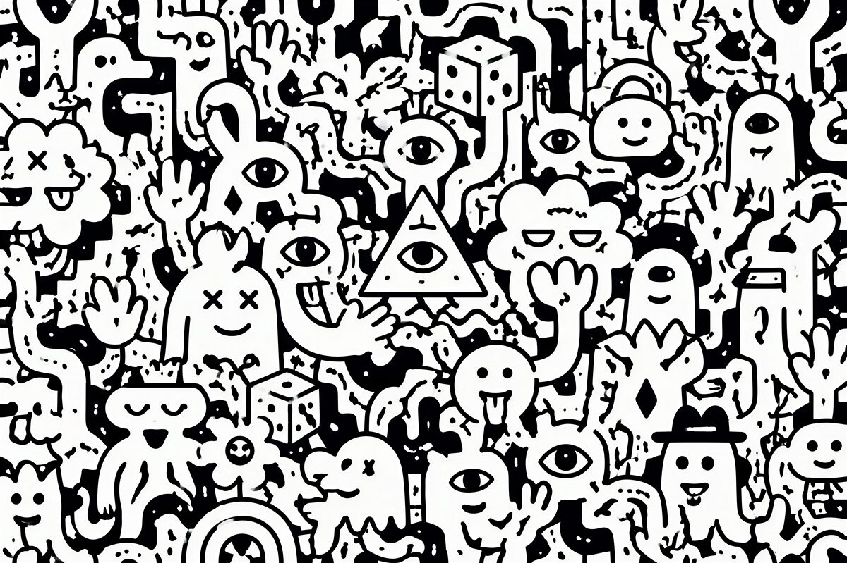 Papier peint monstres doodle en noir et blanc