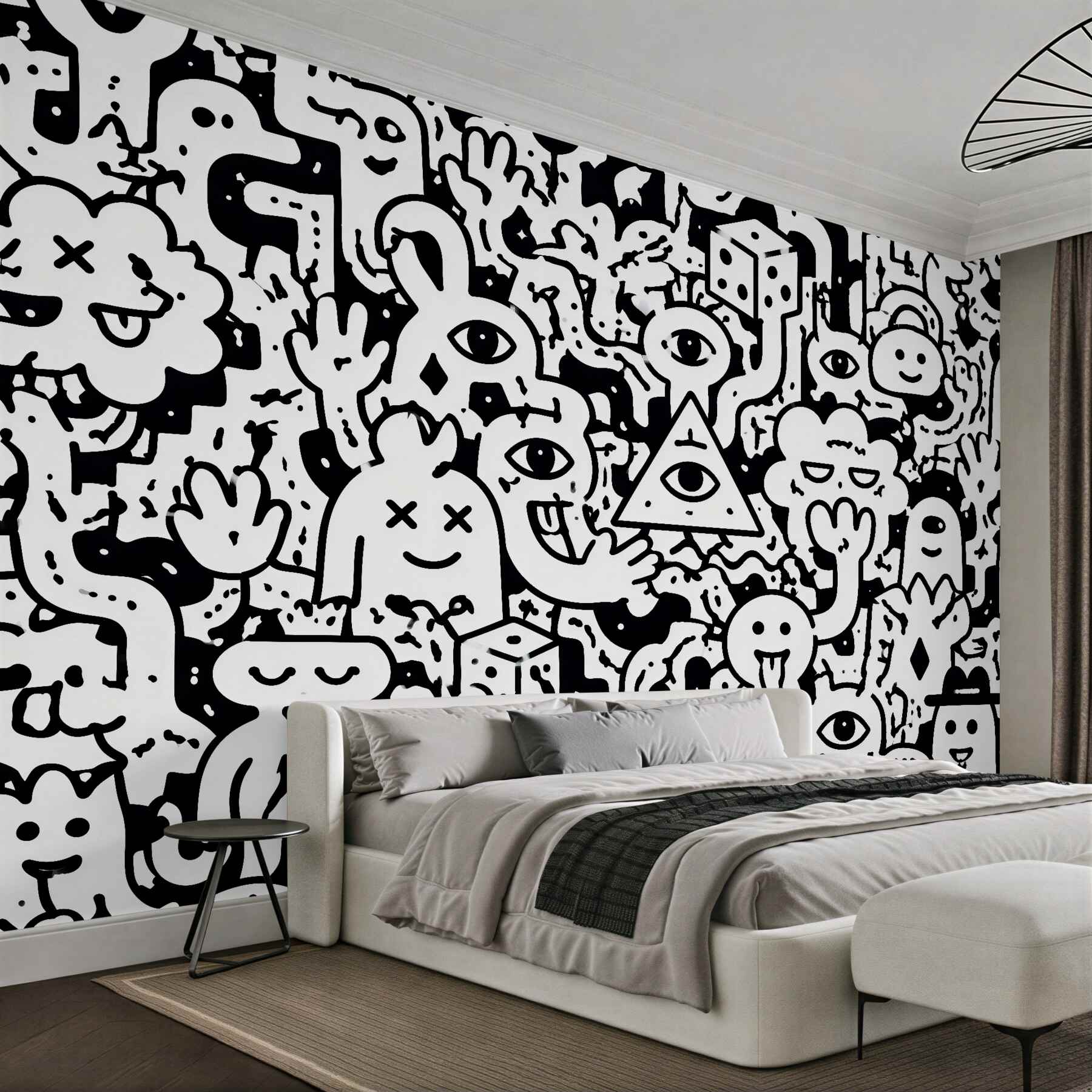 Papier peint monstres doodle en noir et blanc
