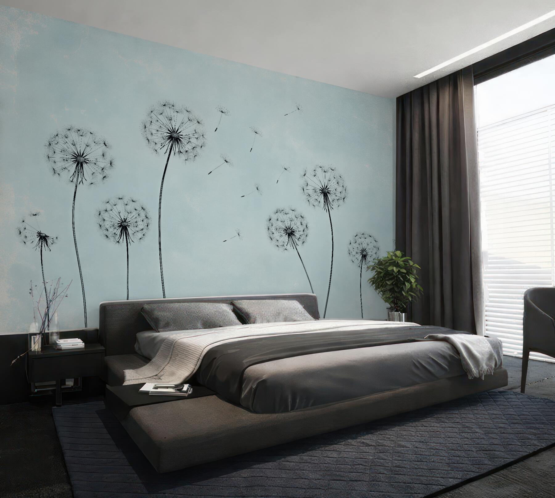 Papier peint pissenlits sur fond bleu