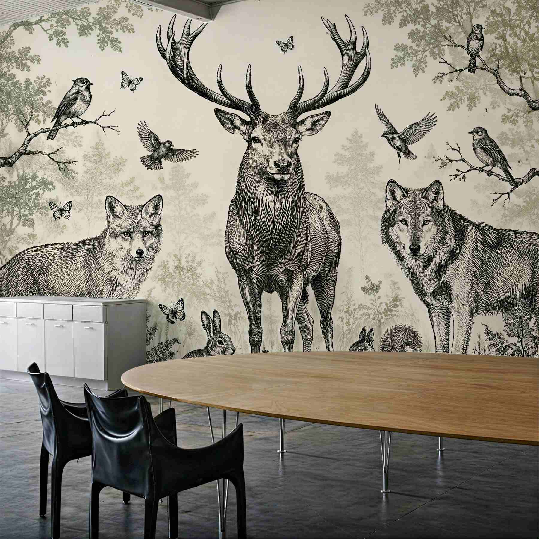 Papier peint animaux de la forêt dans le style de gravure