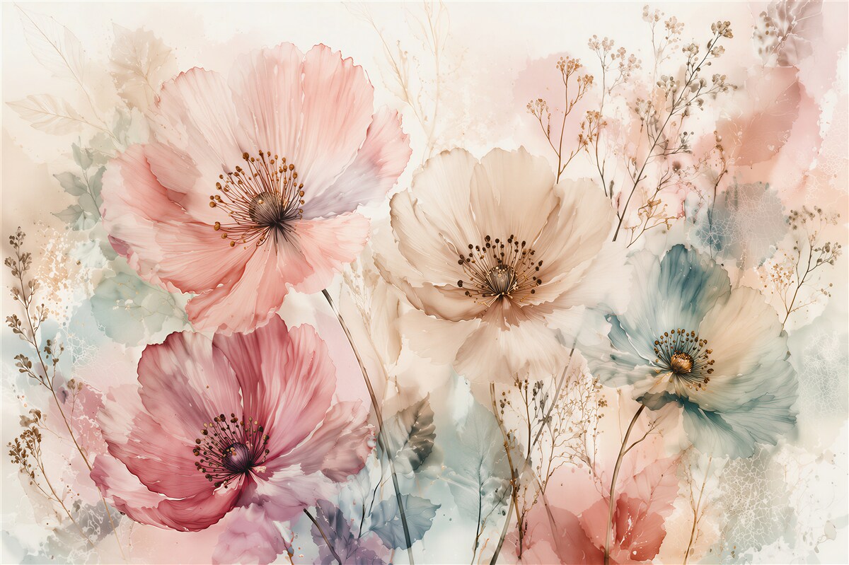 Papier peint coquelicots pastel dans une aquarelle subtile