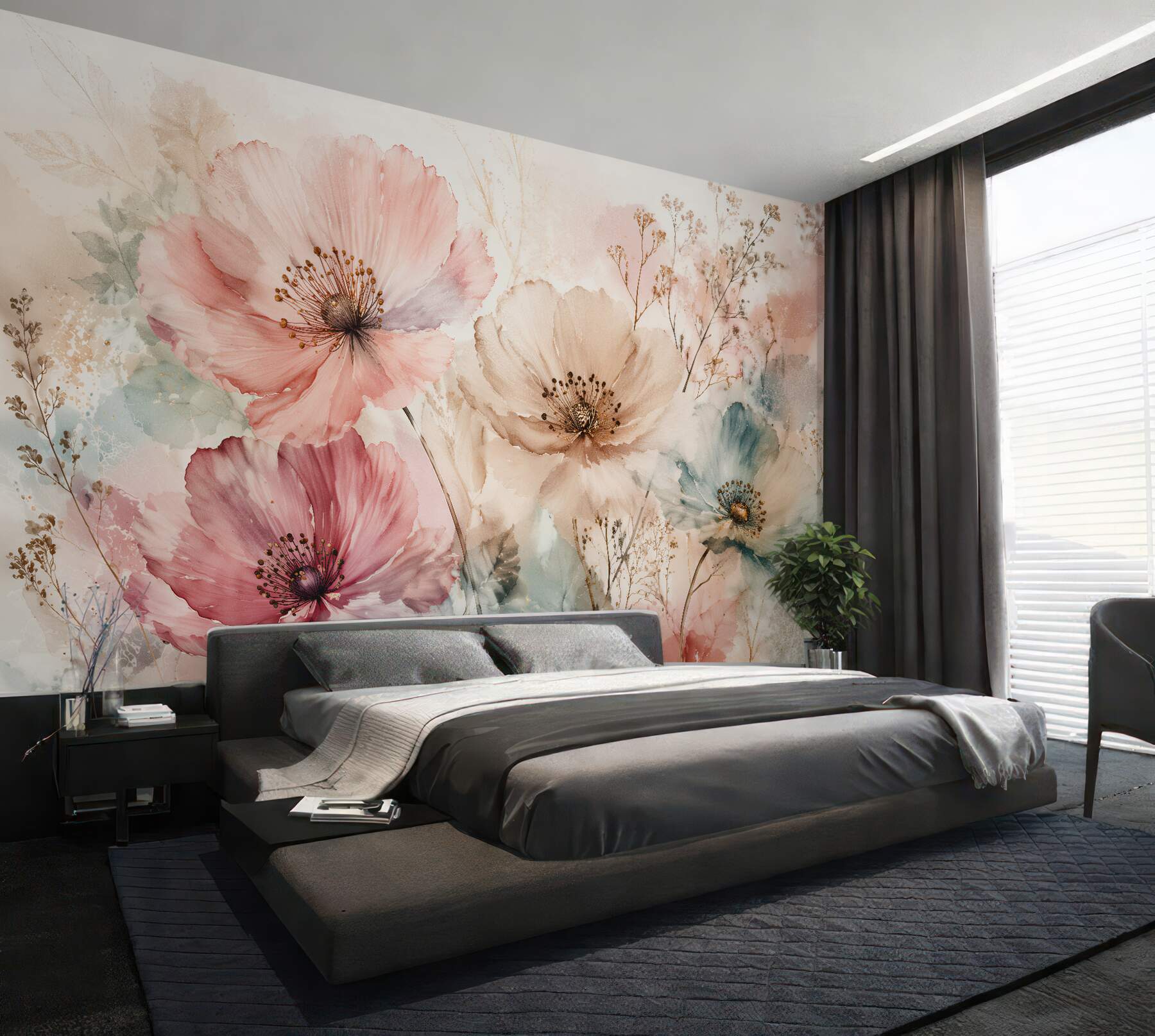 Papier peint coquelicots pastel dans une aquarelle subtile