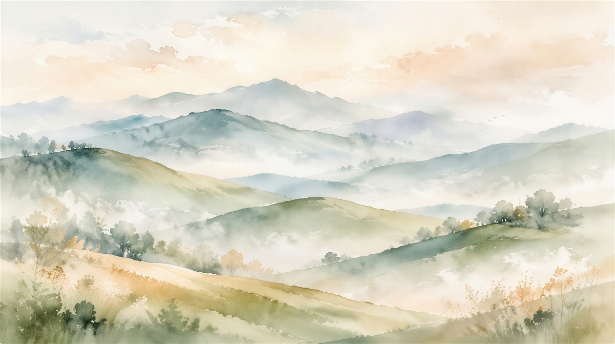 Papier peint paysage brumeux de collines aquarelles