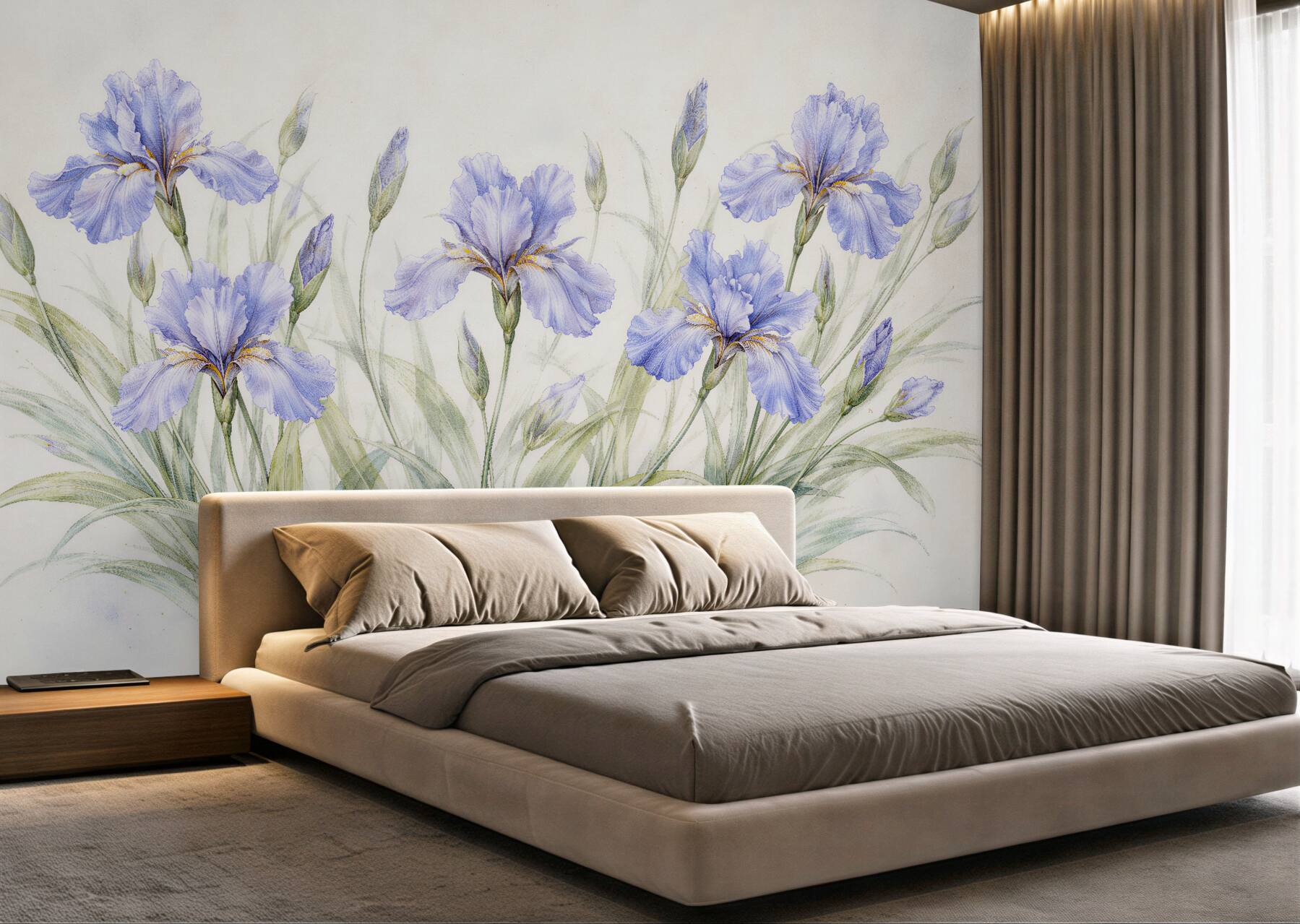 Papier peint iris bleus dans l'herbe délicate