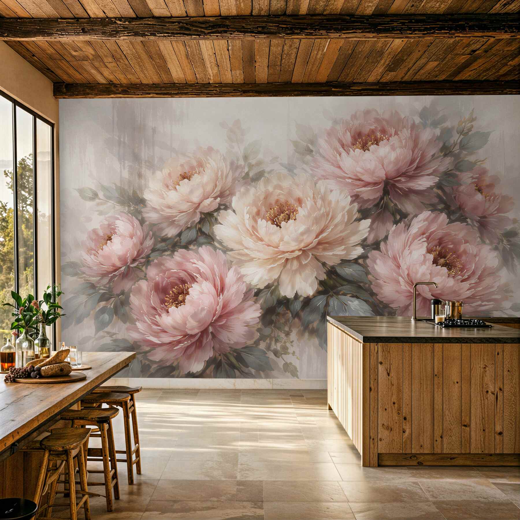 Papier peint pivoines poudrées dans la lumière